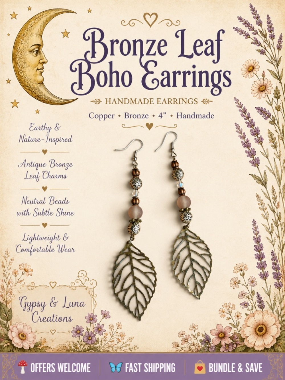 Handmade Bronze Leaf Earrings Boho Nature Inspired 4”